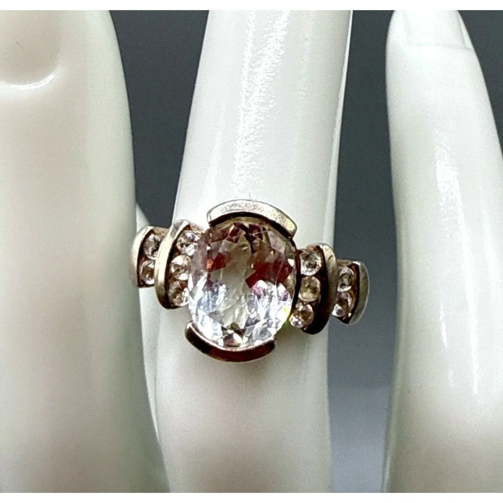 925 Sterling Silver Oval Clear Gemstone Statement Ring Size 4.5 4.19g - Picture 1 of 13
